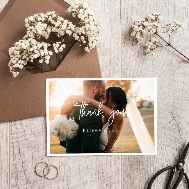 Modern White Script Wedding Photo Small Thank You Card (Creator Uploaded)