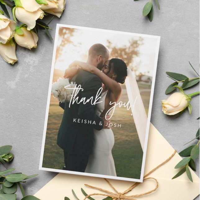 Modern White Script Wedding Photo Thank You (Creator Uploaded)