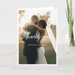 Modern White Script Wedding Photo Thank You Card