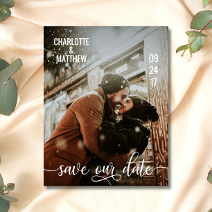 Modern White Script Wedding SAVE OUR DATE w/ PHOTO Announcement Postcard