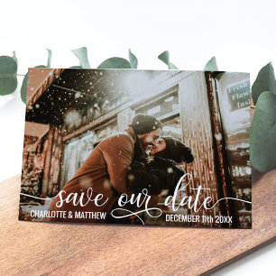Modern White Script Wedding SAVE OUR DATE w/ PHOTO Announcement Postcard
