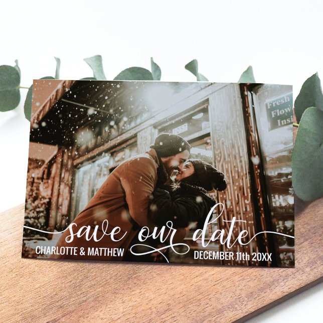 Modern White Script Wedding SAVE OUR DATE w/ PHOTO Announcement Postcard (Creator Uploaded)