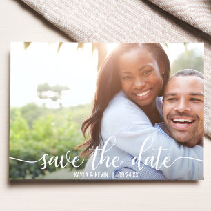 Modern White Script Wedding SAVE THE DATE PHOTO Announcement Postcard