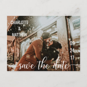 Modern White Script Wedding Save The Date w/ PHOTO Announcement Postcard