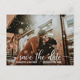Modern White Script Wedding SAVE THE DATE w/ PHOTO Announcement Postcard