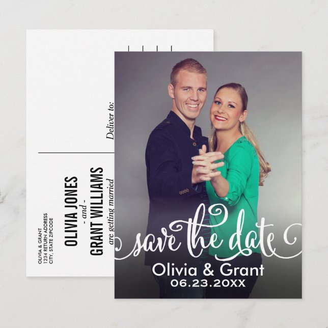 Modern White Script Writing Photo Save the Date Announcement Postcard (Front/Back)