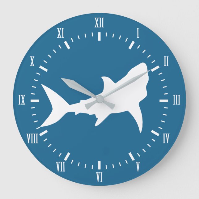 Modern White Shark Silhouette & Blue Large Clock (Front)