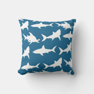 Modern White Shark Silhouettes & Ocean Blue Cushion