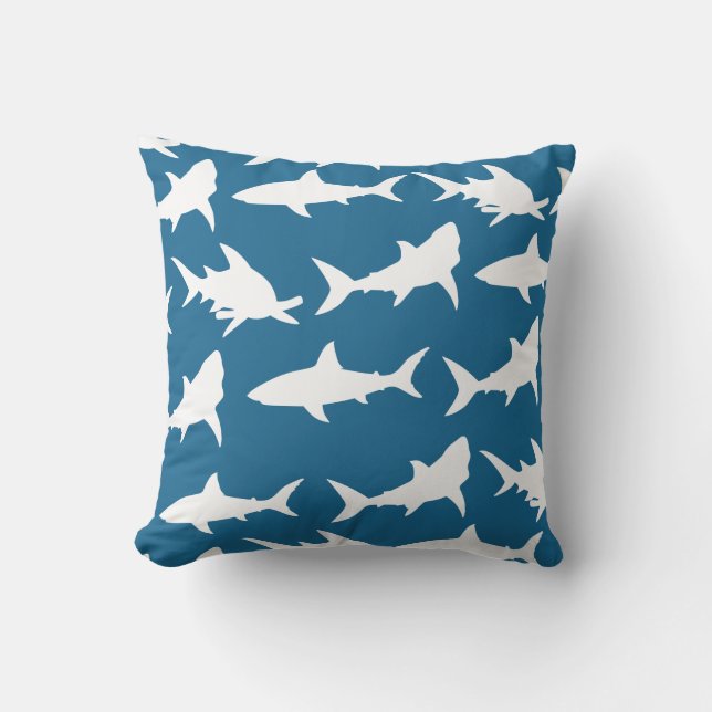 Modern White Shark Silhouettes & Ocean Blue Cushion (Front)