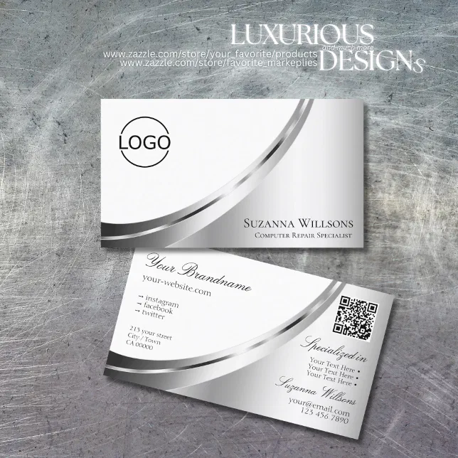 Silver Qr Code Logo Modern White Silver Decor with Logo and QR Code Business Card | Zazzle