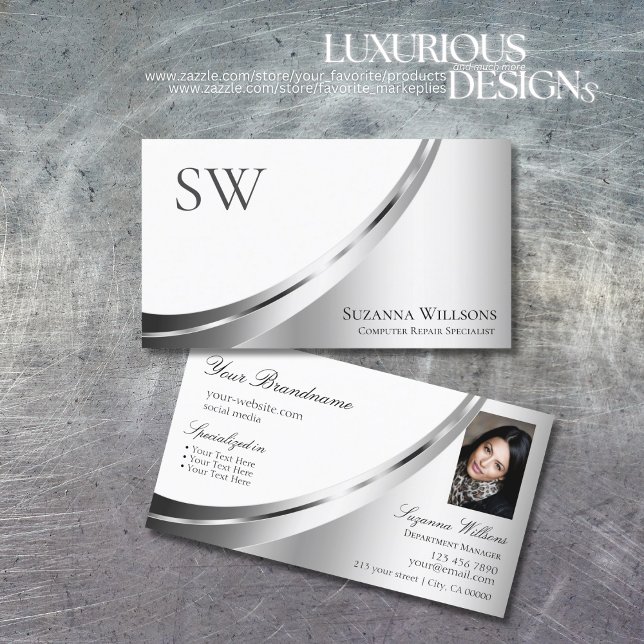 Modern White Silver Decor with Monogram and Photo Business Card (Creator Uploaded)