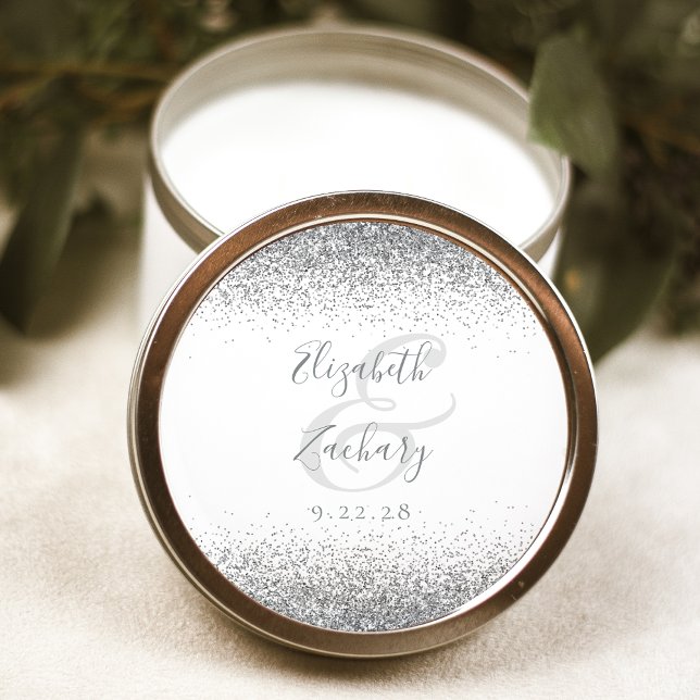 Modern White Silver Glitter Edge Wedding Classic Round Sticker (Creator Uploaded)