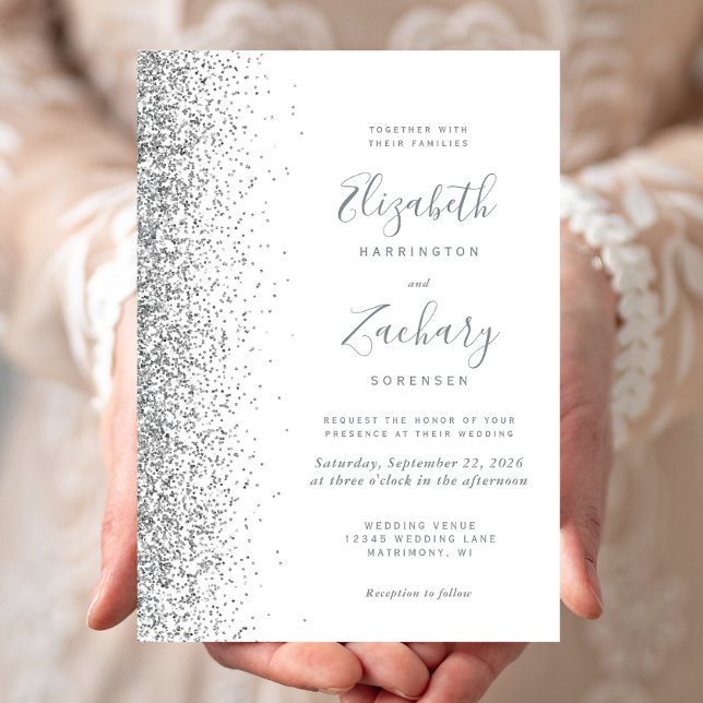 Modern White Silver Glitter Edge Wedding Invitation (Creator Uploaded)