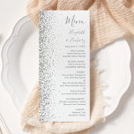 Modern White Silver Glitter Edge Wedding Menu<br><div class="desc">The left-hand edge of this elegant modern wedding menu features a silver faux glitter design. The customisable text combines grey handwriting,  copperplate and italic fonts on a white background. The reverse side features a matching white and silver glitter design.</div>