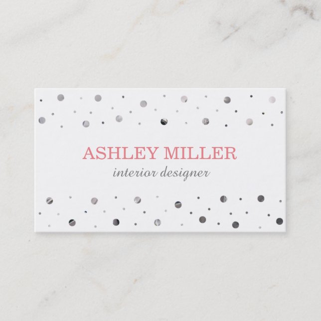 Modern White & Silver Polka Dot Business Card (Front)