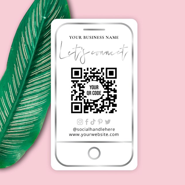 Modern White & Silver QR Code Social Media Business Card (Creator Uploaded)