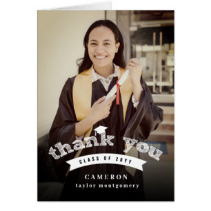 Modern White Sketch Graduation Cap Photo Thank You