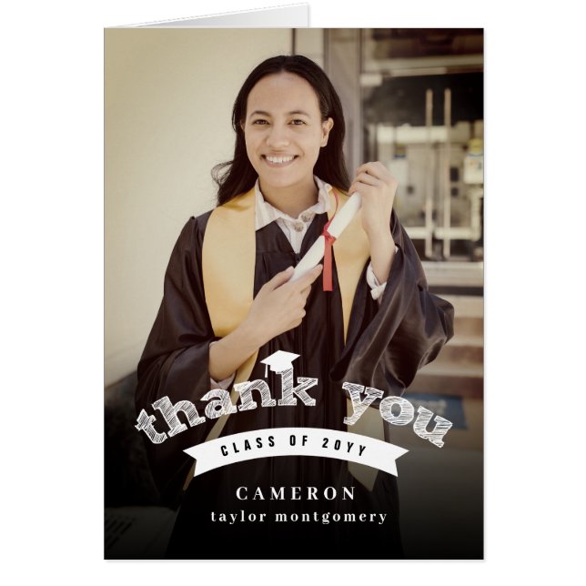 Modern White Sketch Graduation Cap Photo Thank You (Front)