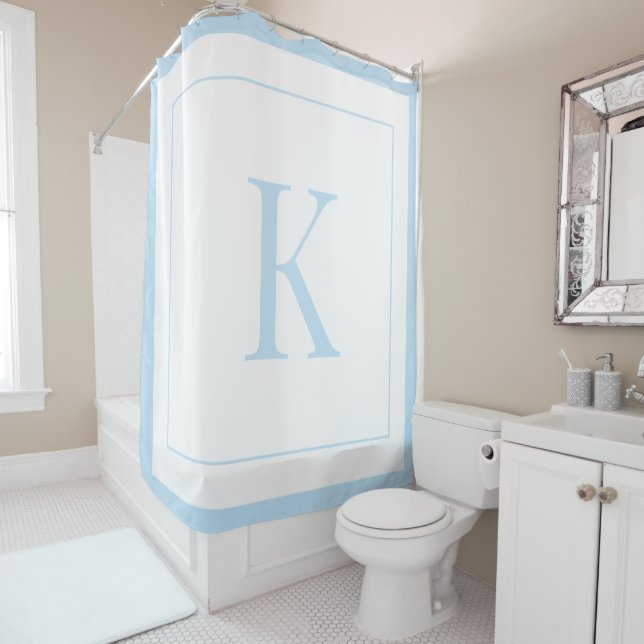 modern White &sky blue Monogram initial  Shower Curtain (In Situ)