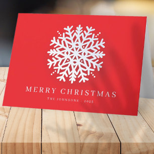 Modern White Snow Flake on Red Holiday Card