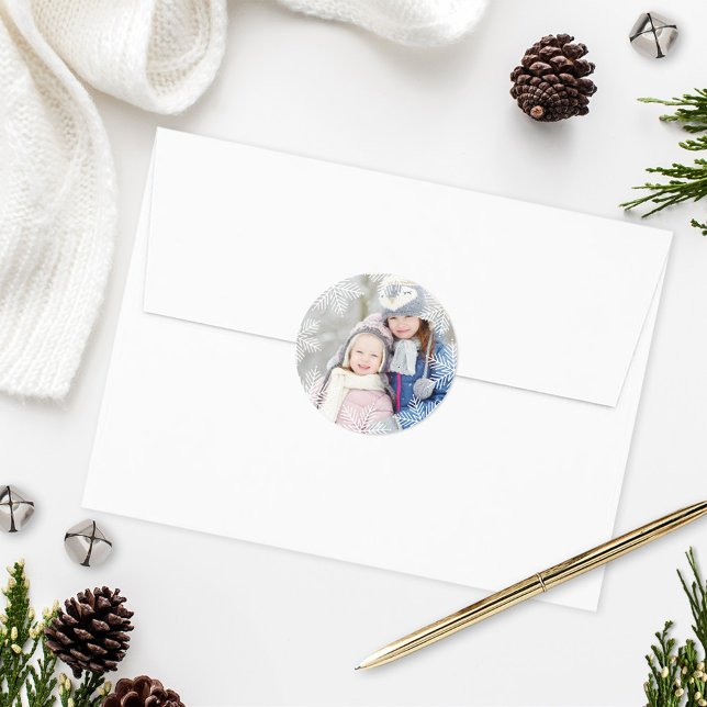 Modern White Snowflake Border Holiday Photo Classic Round Sticker (Creator Uploaded)