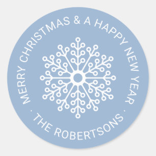 Modern White Snowflake Christmas Tag Round Sticker