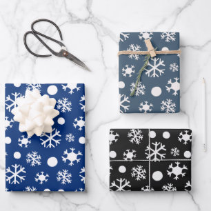 Modern White Snowflakes Blue and Black Christmas Wrapping Paper Sheet