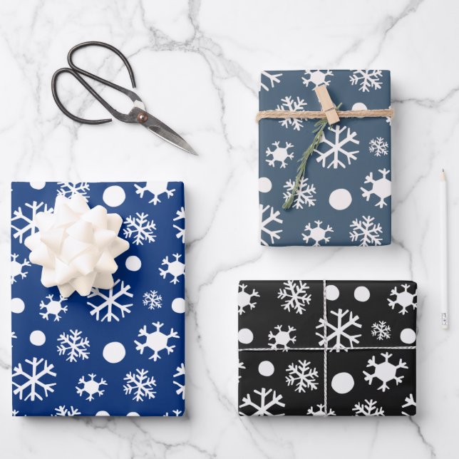 Modern White Snowflakes Blue and Black Christmas Wrapping Paper Sheet (Front)