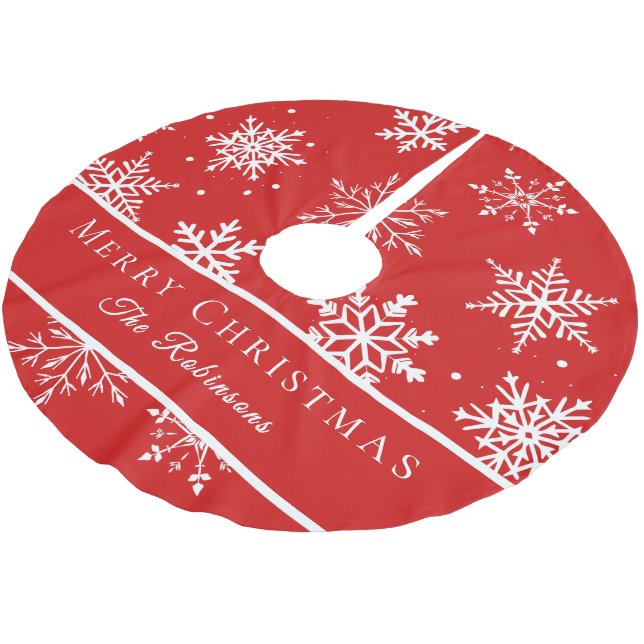 Modern White Snowflakes  Brushed Polyester Tree Skirt (Angled)