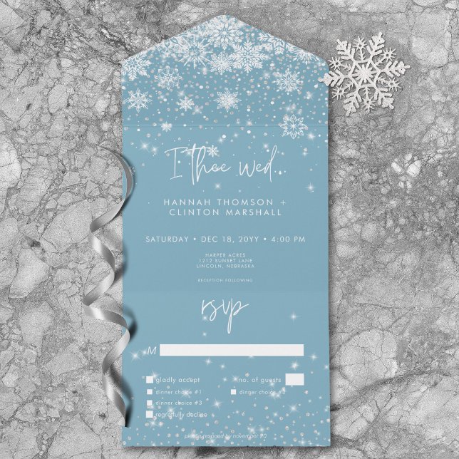 Modern White Sparkle Snowflakes Blue Dinner All In One Invitation (Modern White Sparkle Snowflakes Blue Dinner All In One Invitation)