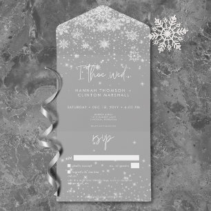 Modern White Sparkle Snowflakes Wedding No Dinner All In One Invitation