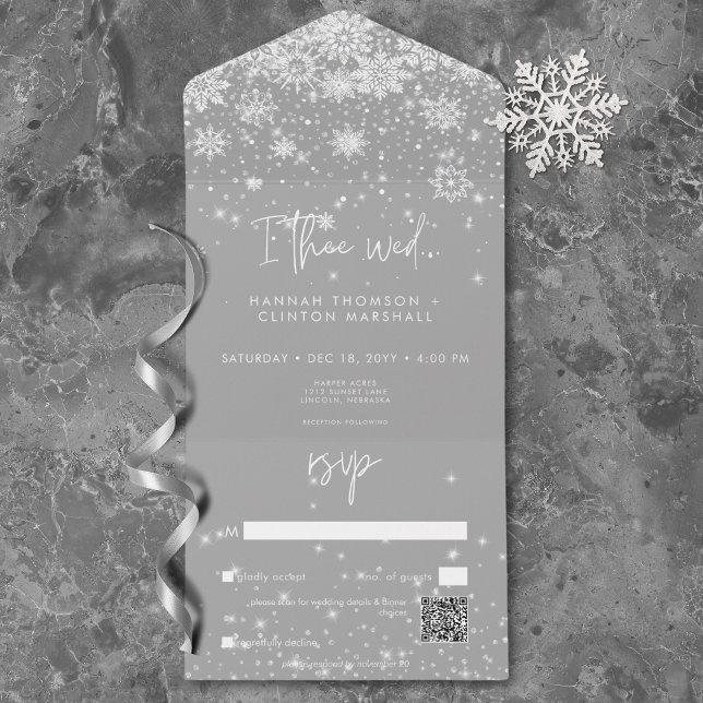 Modern White Sparkle Snowflakes Wedding QR Code All In One Invitation (Modern White Sparkle Snowflakes Wedding QR Code All In One Invitation)