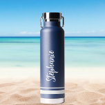 Modern White Stripes Navy Wedding Water Bottle<br><div class="desc">Modern White Stripes Navy Wedding Water Bottle. Personalise this stylish water bottle with your custom name.</div>