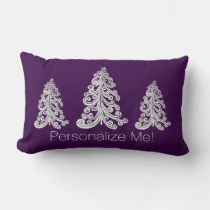 Modern White Swirly Christmas Tree on Dark Purple Lumbar Cushion