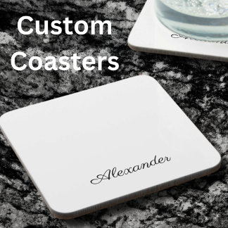 Modern White template, Black Script Kitchen Cut Coaster