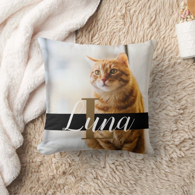 Modern White Text Monogramed Photo Cat Memorial Cushion (Blanket)
