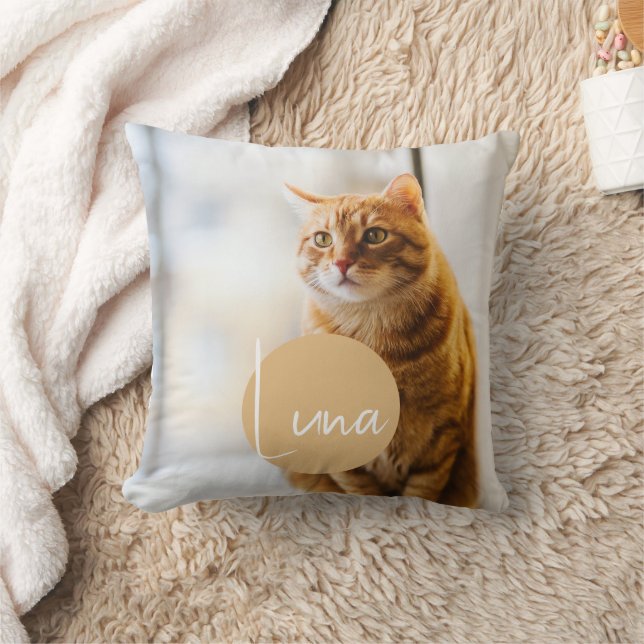Modern White Text Name Photo Cat Memorial Cushion (Blanket)