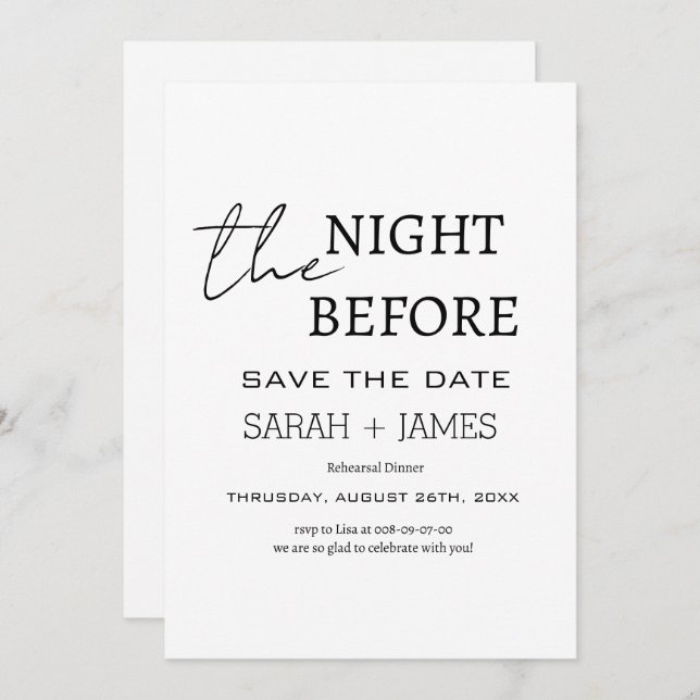 Modern White the Night Before Rehearsal Dinner  Save The Date (Front/Back)