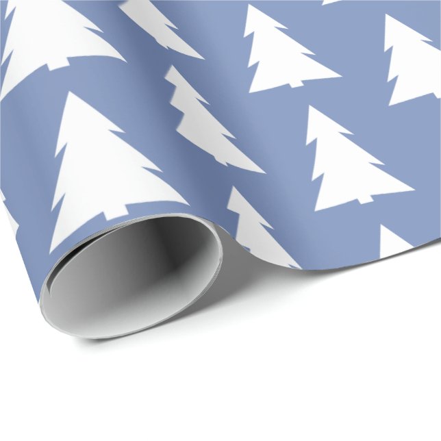 Modern White Trees on Blue Geometric Pattern Wrapping Paper (Roll Corner)