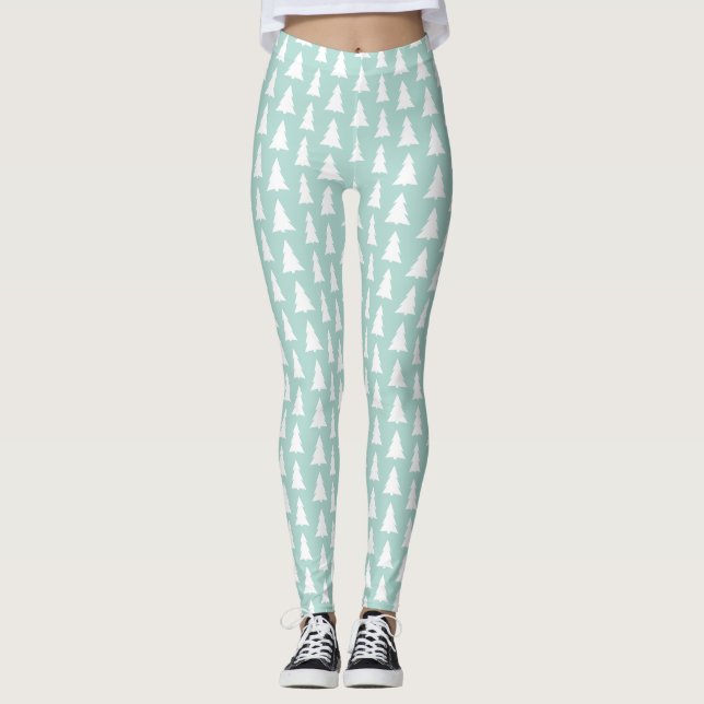 Modern White Trees on Mint Green Geometric Pattern Leggings (Front)