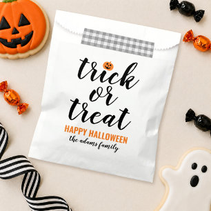 Modern White Trick or Treat Script Family Name Favour Bag