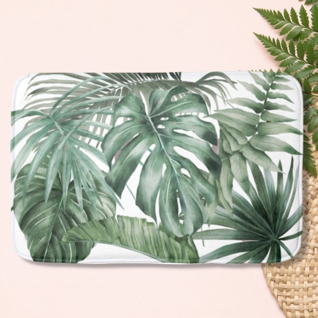 Modern White Tropical Monstera Leaves Pattern Bath Mat (Creator Uploaded)