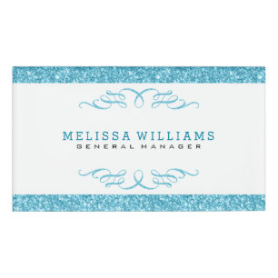 Modern White & Turquoise Glitter & Swirls Design Name Tag