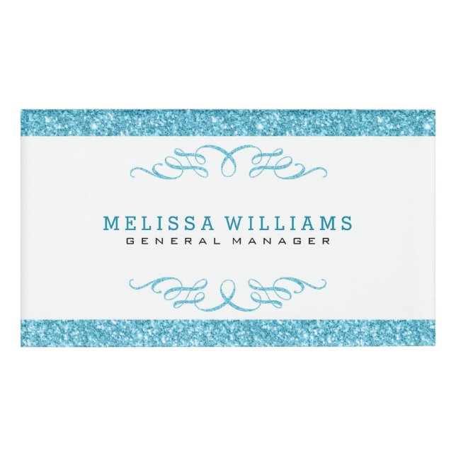 Modern White & Turquoise Glitter & Swirls Design Name Tag (Front)