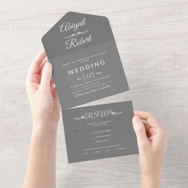 Modern white typography grey wedding all in one invitation (Tearaway)