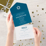 Modern White Typography On Blue Bar Mitzvah All In One Invitation<br><div class="desc">An elegant dark blue bar Mitzvah invitation, easy to personalise with your details. PLEASE NOTE: This invitation is ready to send without an envelope; include the return address on the backside; if you plan to send it using an envelope, please let in blank the return address details ( backside). GUEST...</div>