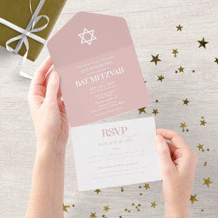 Modern White Typography On Blue Bat Mitzvah All In One Invitation