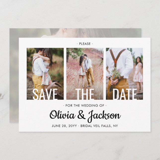 Modern White Typography Overlay Four Photo Wedding Save The Date (Front/Back)