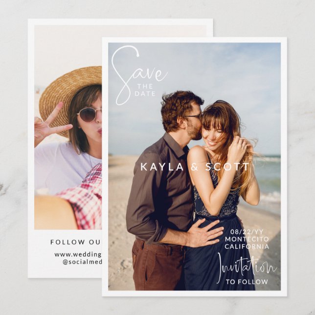 Modern White Typography QR Code Wedding Save The Date (Front/Back)
