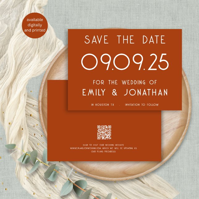 Modern White Typography Terracotta Wedding Save The Date (Front and back view)